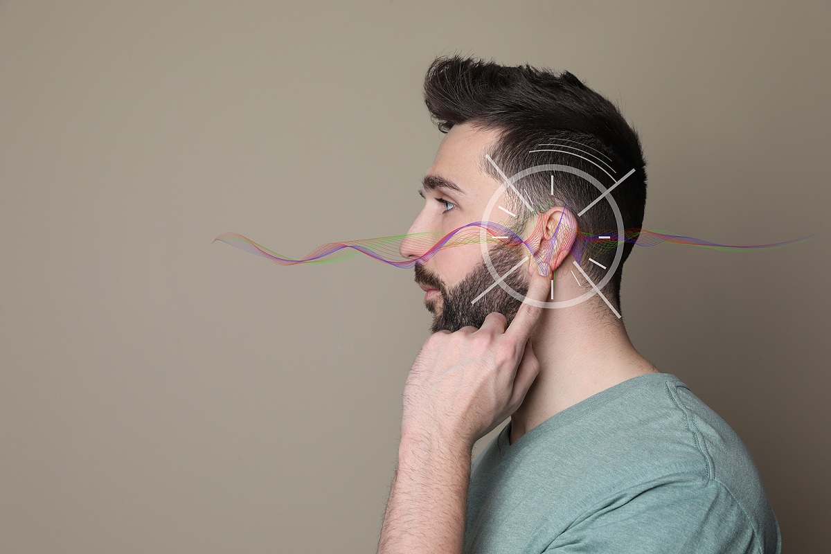 Hearing Loss Concept. Handsome Man And Sound Waves Illustration